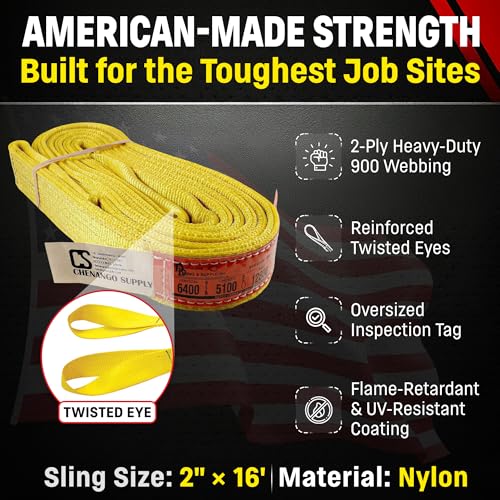 DD Sling (USA Made). 2" wide X (4' to 20' lengths) in Listing! 2 Ply Twisted Eye, Nylon Lifting Slings, Eye & Eye, Heavy Duty (900 webbing), 6,400 lbs Vertical, 5,100 Choker, 12,800 Basket Load Capacity (2inX16ft) - size: 2 in x 16 ft
