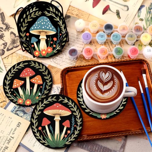 Reallnaive 8 Pcs Mushroom Paint by Numbers Kit for Adults Wooden Coasters | Mini Paint by Numbers, Tiny Black Round Oil Painting Drink Coaster with Holder, for Small DIY Craft Birthday Gift - style: Mushroom