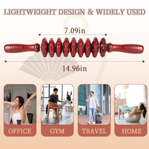 Liitrton Manual Wooden Massage Roller Stick for Muscle Relief, Red | Smooth Body Roller, Wood Therapy Massage Tools for Trigger Point Relief, Legs Sore Muscle Recovery - size: 9-Wheel-Red
