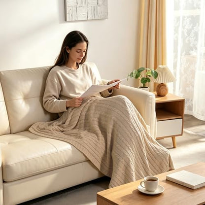 NTBAY Cotton Cable Knit Throw Blanket, 51 x 67, Khaki - color: Khaki, size: Throw(51"x67")