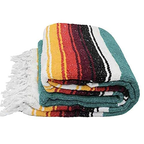 Open Road Goods Mexican Diamond Blanket - XL Heavyweight Yoga Blanket – Handmade in Mexico - Thick Boho Serape Saltillo Style Throw for Beach, Picnic, Home, Camping and More! (Teal Sunset) - color: Teal Sunset