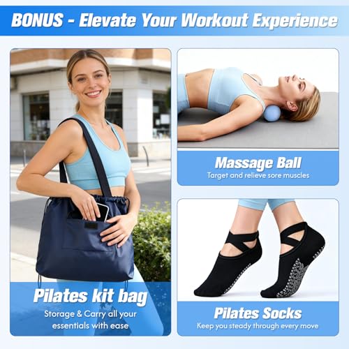 GINMIC Pilates Kit, Pilates Equipment for Home Workouts, at Home Pilates Set with Complete Accessories: Pilates Ring, Pilates Ball, Long and Loop Resistance Bands, Socks, Massage Ball, Guide & Bag - color: Black & Blue
