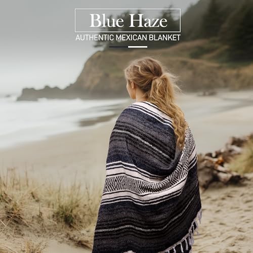 Hydration Nation Authentic Extra Large Mexican Blanket (70"x50") - Handwoven Yoga, Serape - Artisanal Falsa, Beach, Camping, Picnic, Outdoor (Blue Haze) - color: Blue Haze