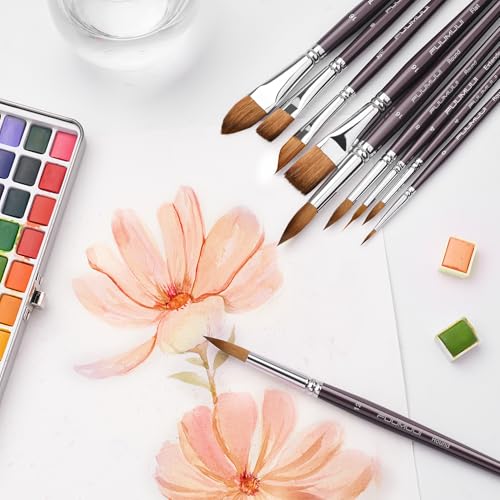 Fuumuui Sable Watercolor Brushes, Professional 10Pcs Sable Paint Brush Set Variety Shapes with Flats, Extended Needle Point, Dagger, Cat's Tongue, Rounds Perfect for Watercolor Acrylic Gouache Inks - color: Brown