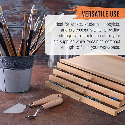 U.S. Art Supply 4-Drawer Artist Tool Supply Box with 5 Compartments per Drawer - Hardwood Art Box for Artist Supplies, Brushes, Pencils, Erasers, Tool Storage Organizer Case