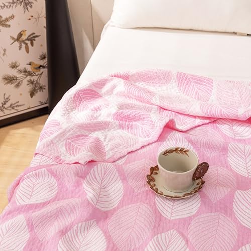 MEJU Modern Leaf Pink Kids Young Girls Muslin Lightweight Blanket for Bed Sofa Couch 100% Combed Cotton 3 Layer Soft Warm Reversible Throw Blanket Bedspread Bed Coverlet Full Queen 80 in x 90 in - color: Leaf Pink, size: F/Q 80 in x 90 in