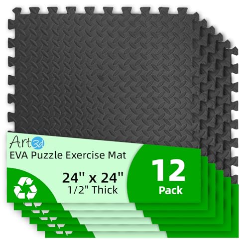 Art3d 12 Pack 24" x 24" EVA Interlocking Exercise Mats, 1/2" Thick Foam Puzzle Flooring for Workout, Gym Equipments, Training Areas, 48 Sq.FT, Black - color: Black, size: 48 Sq Ft