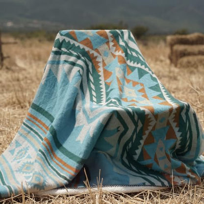 Aztec Blanket with Soft Sherpa Fleece, Southwestern Blankets for Camping, Boho Throws - color: Aqua Blue, size: 60" x 80"