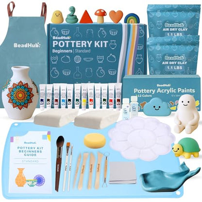 Pottery Kit for Beginners 2.2Lbs Air Dry Clay for Adults with Sculpting Tools, Paint, Glaze, Air-Dry Modeling Clay Molding, Sculpt & Painting Set, Hobby Date Night DIY Art Craft Kits -Standard (White)