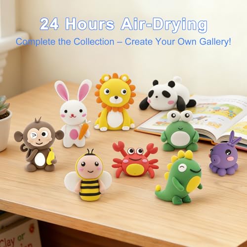 Air Dry Clay Kit for Kids: 12 Animals Clay with Sculpting Tools & Tutorials | Safe Non-Toxic, Easy to Shape, 24H Natural Drying & No Baking, DIY Modeling Craft for Boys Girls in School Class Home Party
