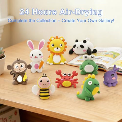 Air Dry Clay Kit for Kids: 12 Animals Clay with Sculpting Tools & Tutorials | Safe Non-Toxic, Easy to Shape, 24H Natural Drying & No Baking, DIY Modeling Craft for Boys Girls in School Class Home Party
