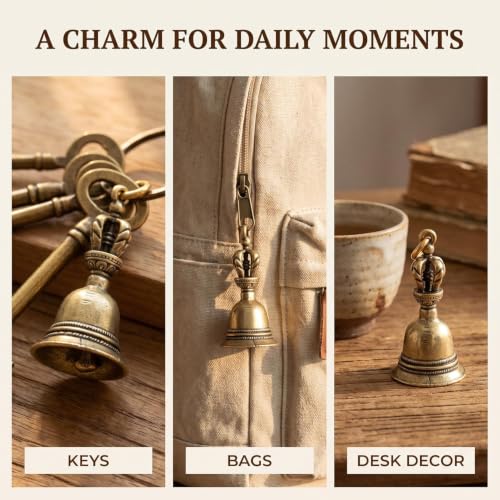 2Pcs Retro Copper Bell Wind Chimes,Demon Subduing Bell Creative Solid Brass Bell Handicraft Tibetan Bronze for Decoration Car Pendant Small Circle Hand Bells and Chimes (4.7cm*2.5cm