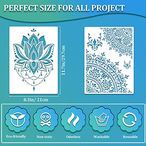 Outus 12 Pcs Mandala Stencils for Painting | Templates Flower Stencils Mandala Reusable Rectangle Stencil, for Wood Floor Drawing Craft DIY Wall Tile Furniture Decoration
