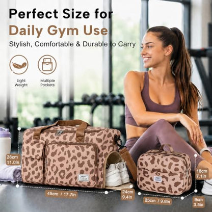 FIORETTO Women's Gym Duffle Bag with Shoes Compartment, 30L Capacity, Ideal for Travel, Gym, Sports, Duffel, Weekender - color: Leopard Brown, style: Gym Bag With Toiletry Bag