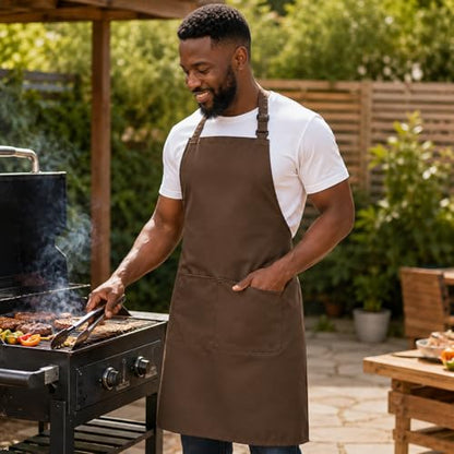 Tosewever Chef Apron Hat Set for Women and Men, Adjustable Bib Apron with 2 Pockets Costume Apron for Father Kitchen Cooking - color: Brown