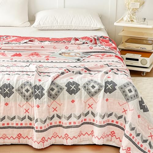 MEJU Boho Indian Pink Gray Retro Southwest Muslin Reversible Blanket for Bed Sofa Couch 100% Combed Cotton 3 Layer Soft Warm Bedspread Throw Blanket Bed Coverlet Twin 60 in x 80 in - color: Boho Pink, size: Twin 60 in x 80 in