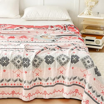 MEJU Boho Indian Pink Gray Retro Southwest Muslin Reversible Blanket for Bed Sofa Couch 100% Combed Cotton 3 Layer Soft Warm Bedspread Throw Blanket Bed Coverlet Twin 60 in x 80 in - color: Boho Pink, size: Twin 60 in x 80 in