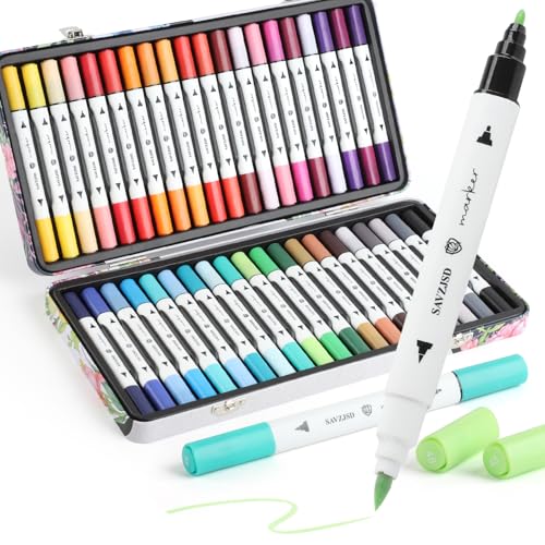 SAVZJSD Alcohol Markers, 40 Colors Alcohol Markers Set with Metal Box for Artists, Adults in Coloring & Painting (Brush & Fine) - color: light color scheme