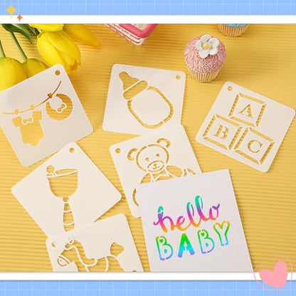 Augshy 56 Pieces Baby Shower Stencils for Painting Cute Onesie Pattern 3 in | Reusable Animal Pattern Templates, Bodysuit Shoes Bibs Clothes Crafting, Cute Baby Shower Cake Decorating, 3 Inch - style: Baby Shower