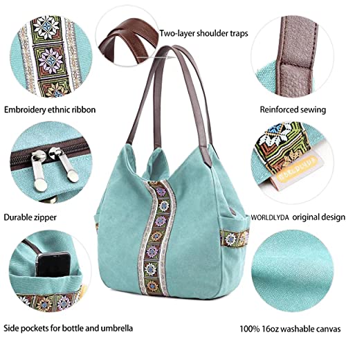 Worldlyda Women Canvas Hobo Purse Multi Pocket Tote Shopper Shoulder Bag Casual Top Handle handbag with Embroidery Ethnic - color: Mint Green