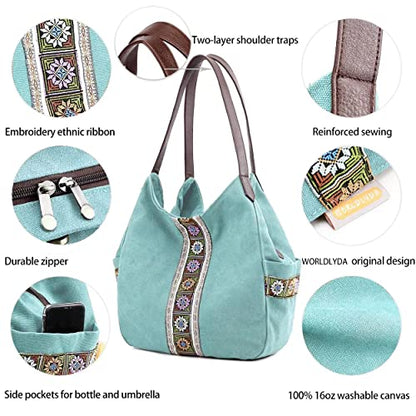 Worldlyda Women Canvas Hobo Purse Multi Pocket Tote Shopper Shoulder Bag Casual Top Handle handbag with Embroidery Ethnic - color: Mint Green