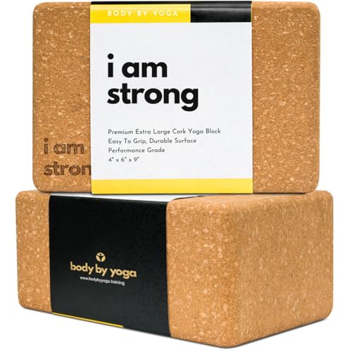Cork Yoga Blocks 2 Pack – Premium Cork Grain, Highly Stable, Chip Resistant | Extra Large 4" x 6" x 9", No Wobble, Heavy Duty, Durable, Crumble-Free, Comfort Edges, Artisanally Crafted, Yoga Strap Set - color: I Am Strong