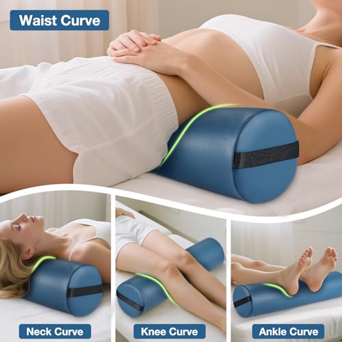 26 x 6 In Full Round Massage Bolster, PU Leather Bolster with Strap Handle | Under Knee Pillow for Massage Table, Under Back Ankles Pain Relief Roll Bolster Pillow for Yoga & Spa, Round Leg/Neck Support - color: 6" Full Round - Blue