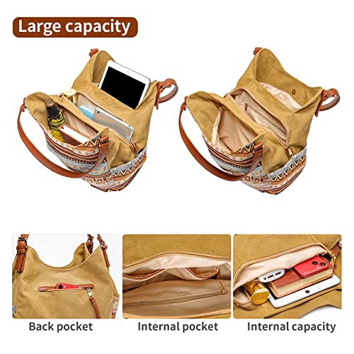 Worldlyda Women Canvas Hobo Purse Multi Pocket Tote Shopper Shoulder Bag Casual Top Handle handbag with Embroidery Ethnic - color: Be06brown Pattern 1