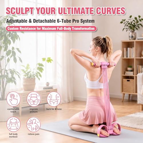 Multifunction Foot Pedal Resistance Bands with Handles, 6-Tube Adjustable Elastic Yoga Exercise Bands, Home Gym Fitness Equipment for Abdomen, Core, Waist, Arm, Leg Stretching（Pink）