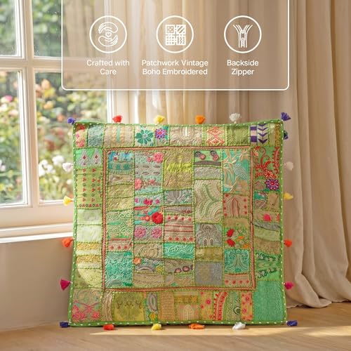 THE ART BOX Cotton Patchwork Vintage Boho Embroidered Floor Pillows & Cushion Cover Green Pouf Seating Pouf Meditation Pillow Pet Bedding Bed Boho Home Décor (35x35 Inches, Cover Only) - color: Light Green