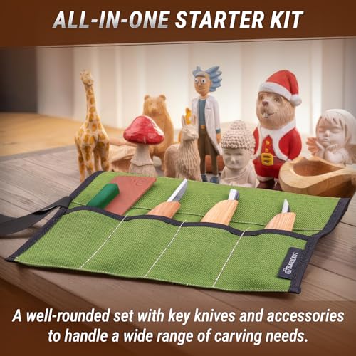 BeaverCraft Wood Carving Knife Kit S15 Whittling Kit for Beginners, Kids - Wood Carving Tools Set with Detail Chip Knife Sloyd Whittling Knives & Leather Strop, Polishing Compound and Tutorials
