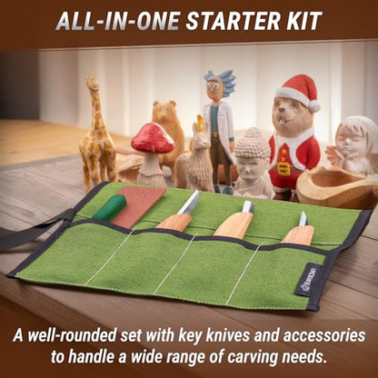 BeaverCraft Wood Carving Knife Kit S15 Whittling Kit for Beginners, Kids - Wood Carving Tools Set with Detail Chip Knife Sloyd Whittling Knives & Leather Strop, Polishing Compound and Tutorials