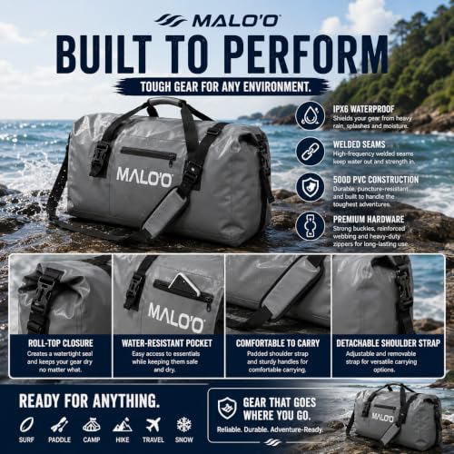 Malo’o Waterproof Dry Duffel, Heavy-Duty Roll Top Waterproof Gear Bag with Shoulder Strap & Molle Loops, Marine Duffel for Kayaking, Boating, Camping, Beach & Travel, Grey, 100L - color: Grey, size: 100L