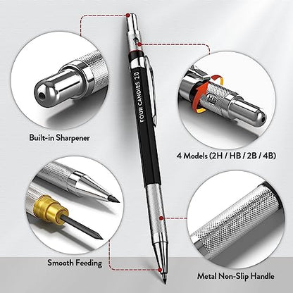 Four Candies 2MM Mechanical Pencil Set with Case, Metal, 60 Lead Refills | HB 2H 2B 4B Color graphite, with eraser, sharpener, leather case, for school writing, sketching, art drawing & drafting - size: 9 Piece Set