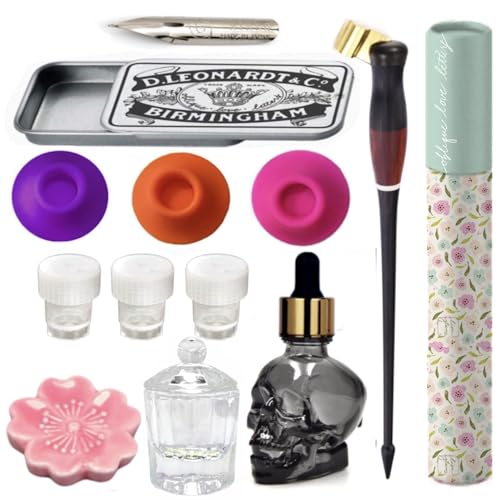Oblique Calligraphy Pen Set – Hand-Adjusted Brass Flange, Dinky Dip Ink Wells, Ceramic Pen Rest, & Moon Palace Sumi Ink for Copperplate & Modern Calligraphy - style: Oblique Pen Set w/ Cherry Blossom Rest