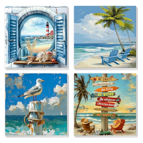 HEIBAGO 4 Pack Seascape Framed Paint by Numbers Kit for Adults Beginner, Adult Paint by Number Kits Beach, DIY Paint by Numbers for Adults,Small Easy Acrylic Oil Painting for Wall Decor 8 x 8 Inch - color: Beach