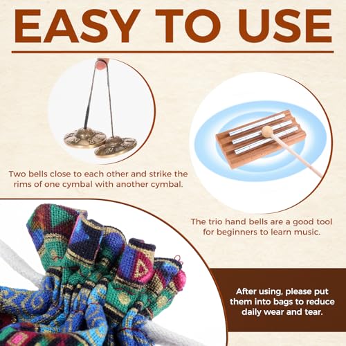 Meditation Instruments Set - Perfect for Classroom Management, Yoga, Prayer | Includes Tibetan Tingsha Cymbals, Three-Tone Chime Bell with Mallet, 2 Tibetan Drawstring Bags