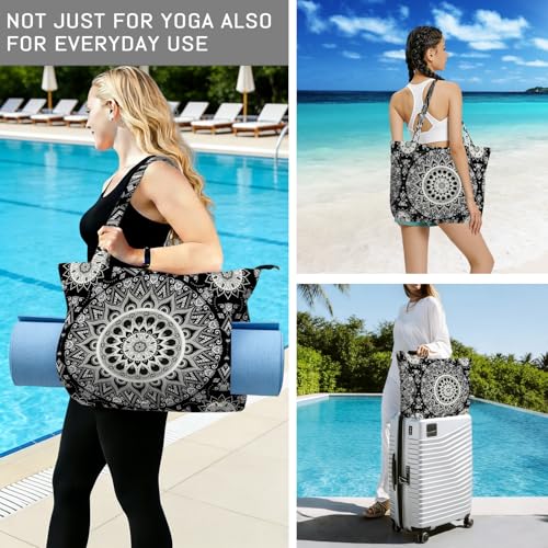 Mandala Yoga Mat Bag Large Yoga Bags and Carrier Fits All Your Stuff Yoga Tote Bags with Zipper Pocket Pilates Bag - color: Black