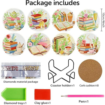 Mrnsiet 8PCS Books Diamond Art Coaster Kits for Adults, DIY Books Diamond Painting Coaster with Holder, Non Slip Hardwood Bases Coaster Set Gift for Beginners 4x4 Inch - color: Bdwy470-us