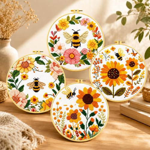 Zhenqing Bee & Flower Garden Cross Stitch Kit for Beginners - 4 Pre-Printed Designs with Hoop, Threads & Complete Tools(68059) - color: Bee Four-Piece Set