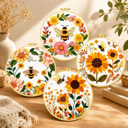 Zhenqing Bee & Flower Garden Cross Stitch Kit for Beginners - 4 Pre-Printed Designs with Hoop, Threads & Complete Tools(68059) - color: Bee Four-Piece Set