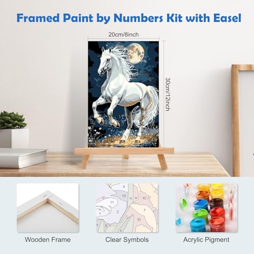 MOGTAA Horse Paint by Numbers Kit for Adults Beginners with Frame, Moon Landscape Adult Paint by Number Kits on Canvas with Easel, Easy DIY Oil Painting Kits for Home Decor, 8x12in - color: Horse