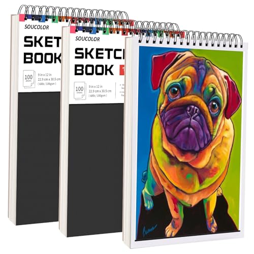 Soucolor Sketch Book,3 Pack 9"x12" Sketchbook for Kids Drawing Paper Pad | 300 Sheets Spiral Bound, Acid-Free 68lb/100gsm Art Paper for Kids Artists, Perforated Pages Suitable for all dry media - color: Black, size: 9" x 12" (Pack of 3)