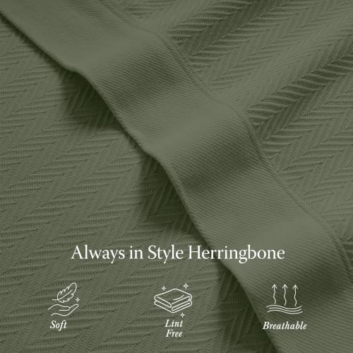 Threadmill Luxury 100% Cotton Twin Herringbone Blanket, Olive | All-Season Thermal Throw Blanket, Soft & Breathable, Cozy Moisture-Wicking, OEKO-TEX Certified, Machine Washable, 68x92 in - color: Olive, size: Twin (68" x 92")
