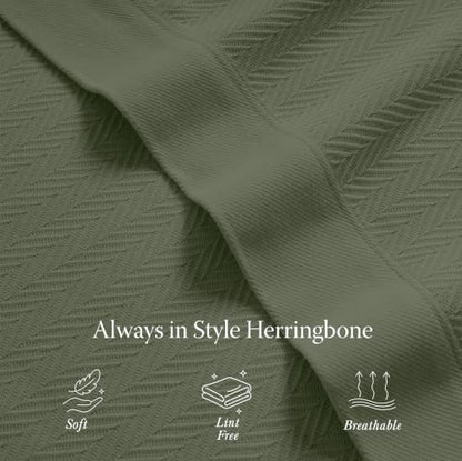 Threadmill Luxury 100% Cotton Twin Herringbone Blanket, Olive | All-Season Thermal Throw Blanket, Soft & Breathable, Cozy Moisture-Wicking, OEKO-TEX Certified, Machine Washable, 68x92 in - color: Olive, size: Twin (68" x 92")