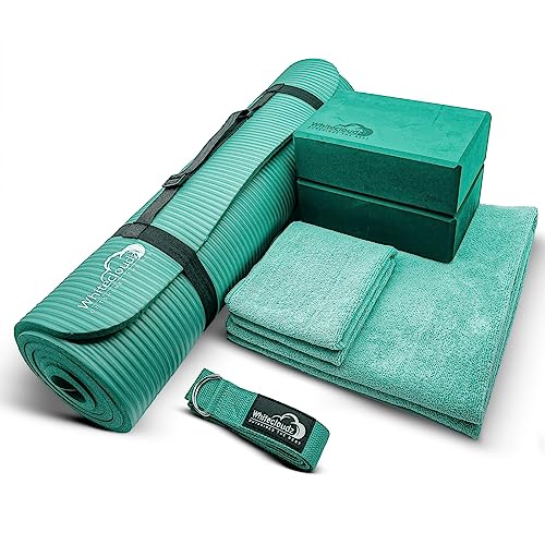 WHITECLOUDZ Yoga kit, 7-Piece Yoga Mat Set for Home Workouts, Thick Yoga Mat, Yoga Blocks, Strap, Yoga Towels & Carrying Bag, Exercise Mat with Yoga Equipment for Women & Men, Enhance Yoga Practice - color: Green