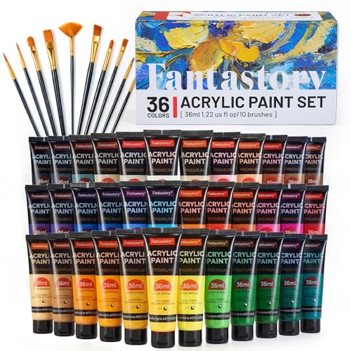 Fantastory 36ml 36 Colors Acrylic Paint Set with 10 Brushes | Excellent Coverage, High Light Fastness, Waterproof, Includes Extra White & Gold, for Canvas, Wood, Ceramics, Models - style: 36 Colors