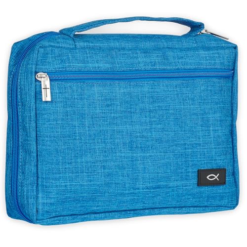 Christian Art Gifts Polyester Bible Cover for Men & Women w/Jesus Fish Patch, Zipper Pocket, Pen Loops, Easy Carry Book Case for Stationery, Accessories, Light Blue, Medium - color: Light Blue/Jesus Fish, size: Medium