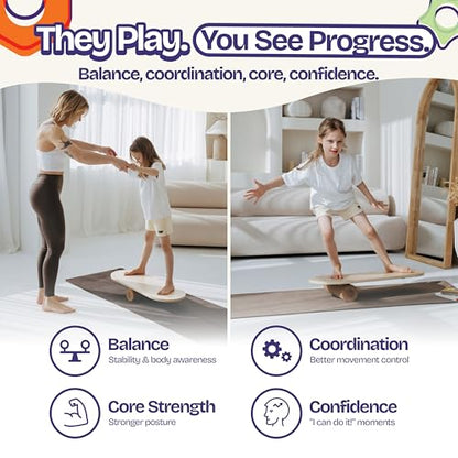 ComfyBumpy Balance Board for Kids with Cork Roller, 30" x 12" Wooden Balance Board, 4 Adjustable Levels, 400 lb Capacity, Progressive Balance Trainer for Kids, Parents & Family Play