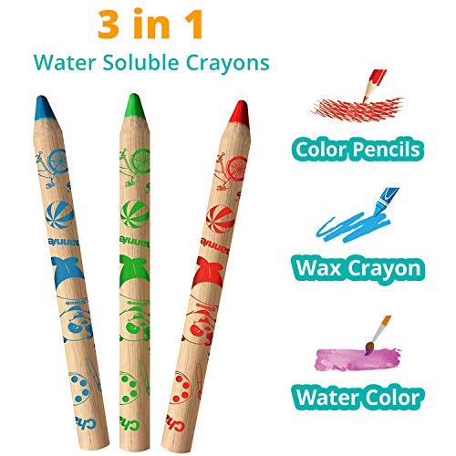 Channie's 3 in 1 Water Soluble Crayons for Kids: Wax Crayons, Color Pencils & Water Color, With Free Paint Brush & Sharpener, Paint on Any Smooth Surface, 12 Color Set